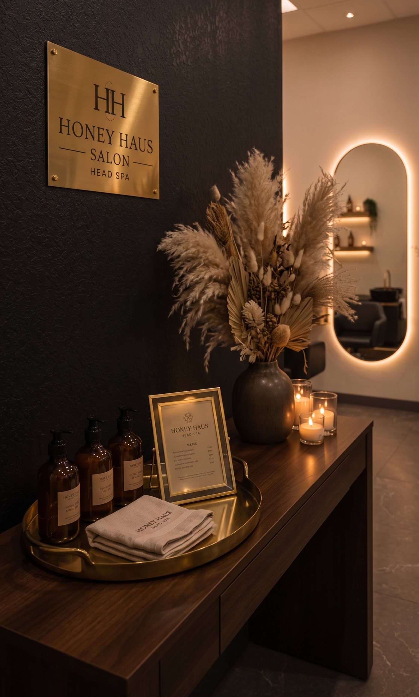 Honey Haus Salon & Head Spa entryway with gold sign and candlelit welcome table